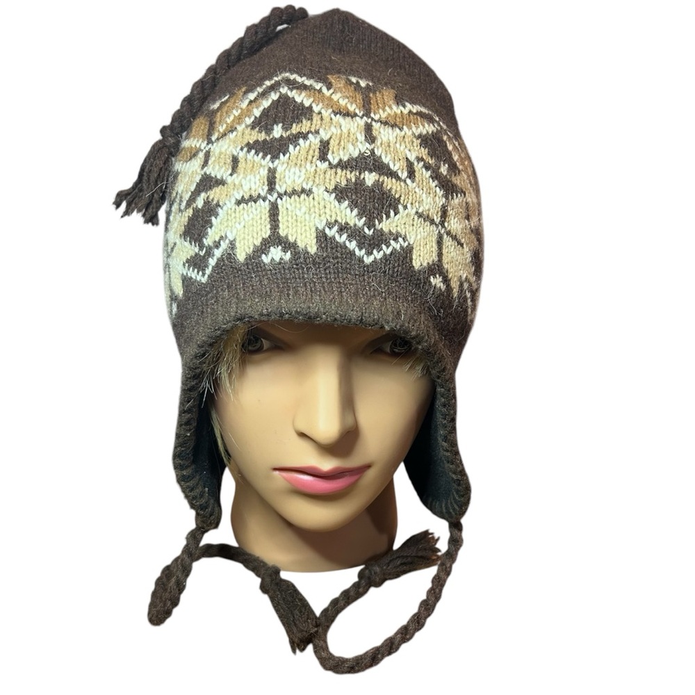 Unisex wool blend argyle hat with tassel fleece‎ lined one size brown beige